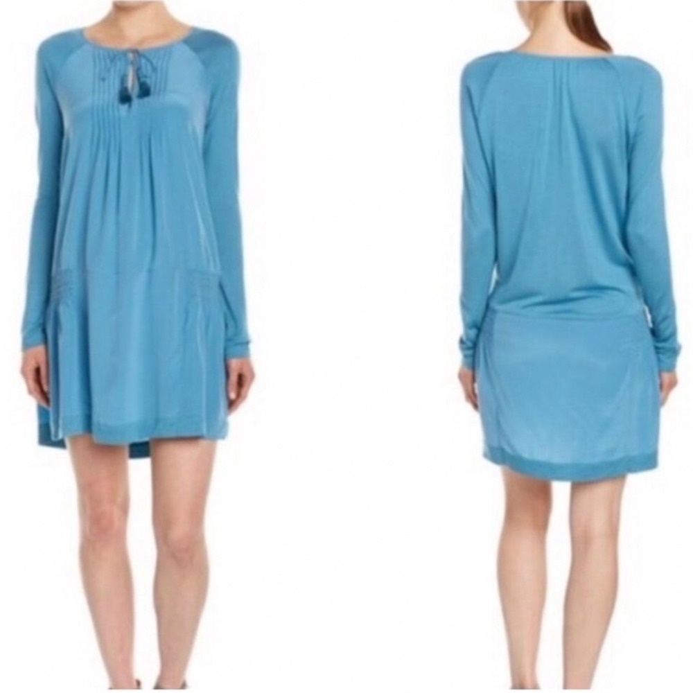 Calypso St Barth Women Small Silk Modal Tunic Dress Teal Blue Long Sleeve Boho